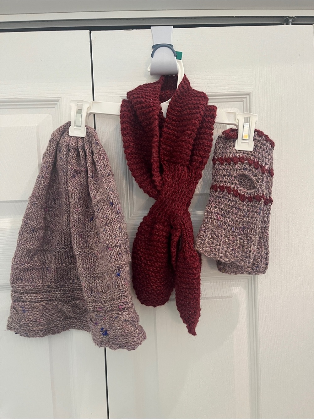 Women’s Knit Scarf, mittens and Hat Set - Burgundy and Heathered Pink